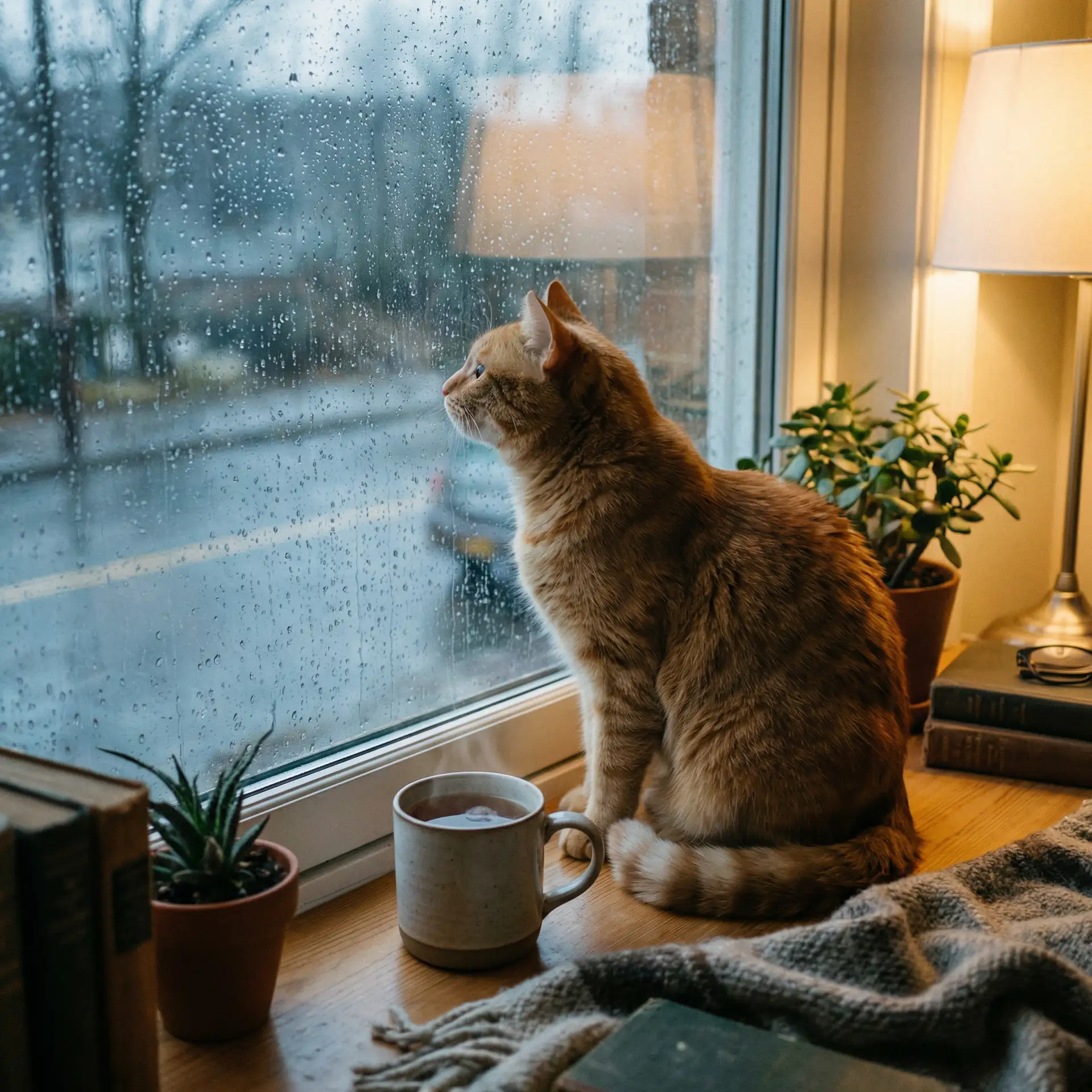猫咪望着窗外的雨 - 这里只有精品